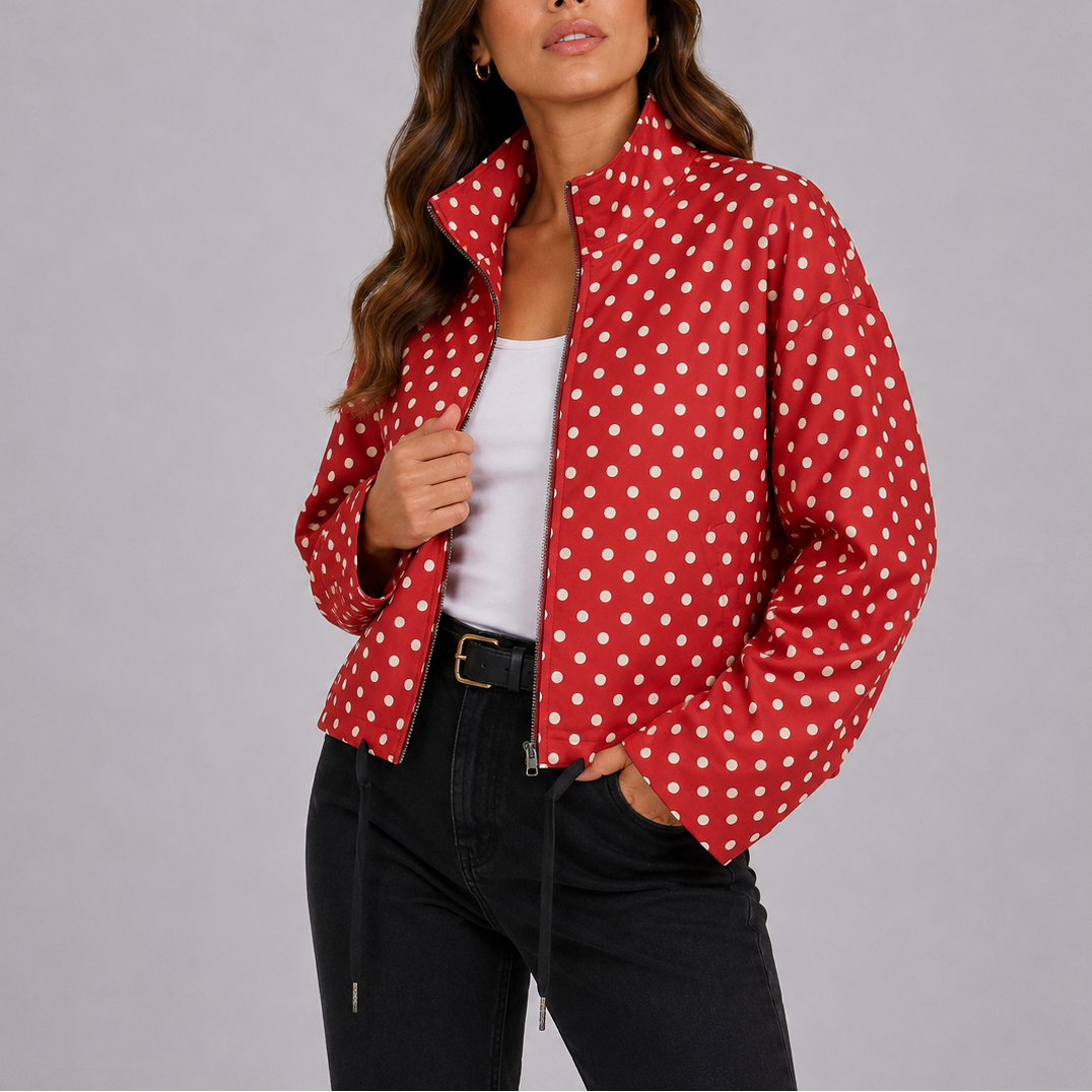 Pella | Women's Cropped Polka Dot Bomber Jacket with Zip Front