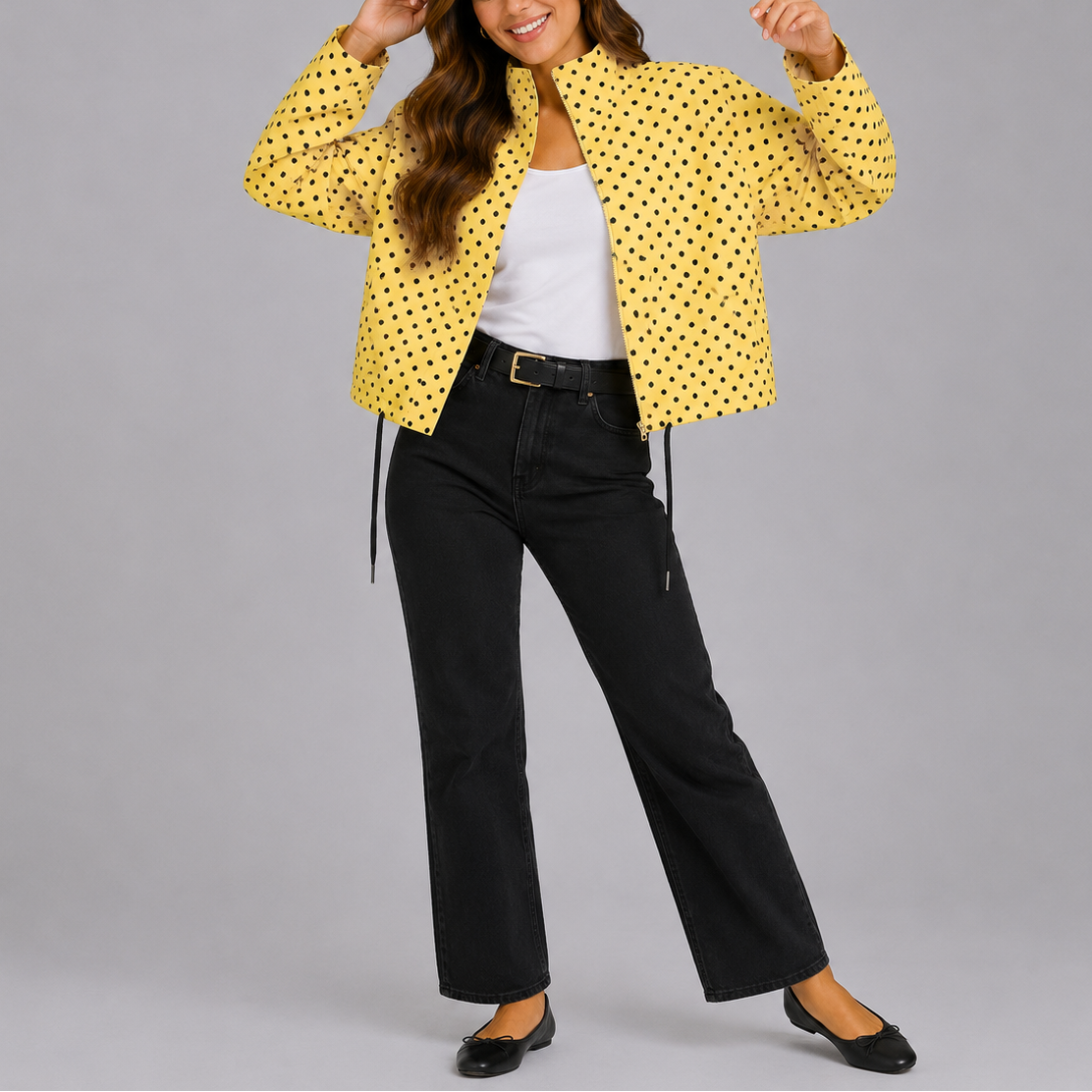 Pella | Women's Cropped Polka Dot Bomber Jacket with Zip Front