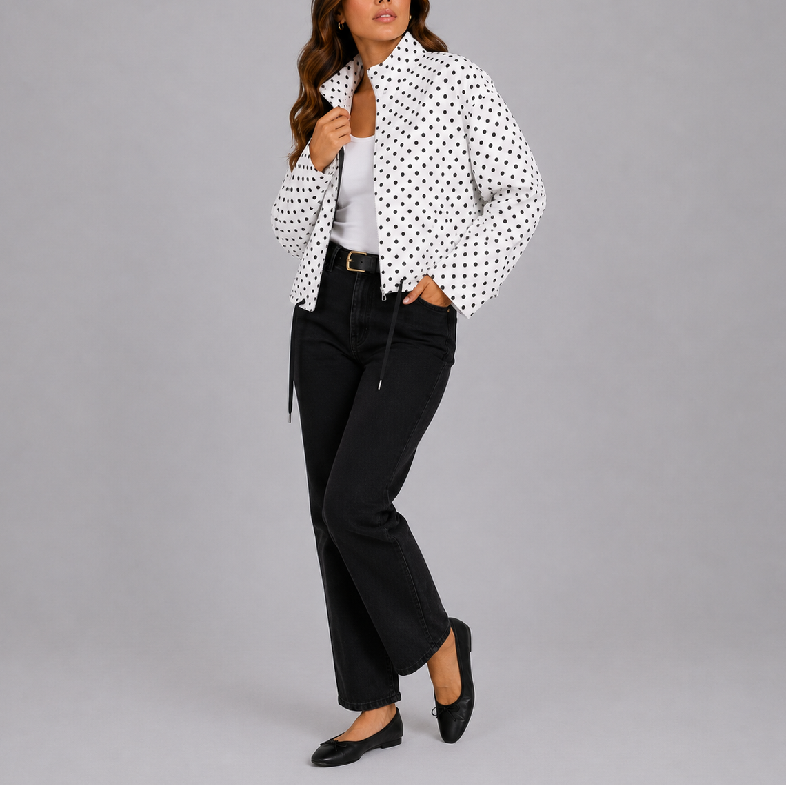 Pella | Women's Cropped Polka Dot Bomber Jacket with Zip Front