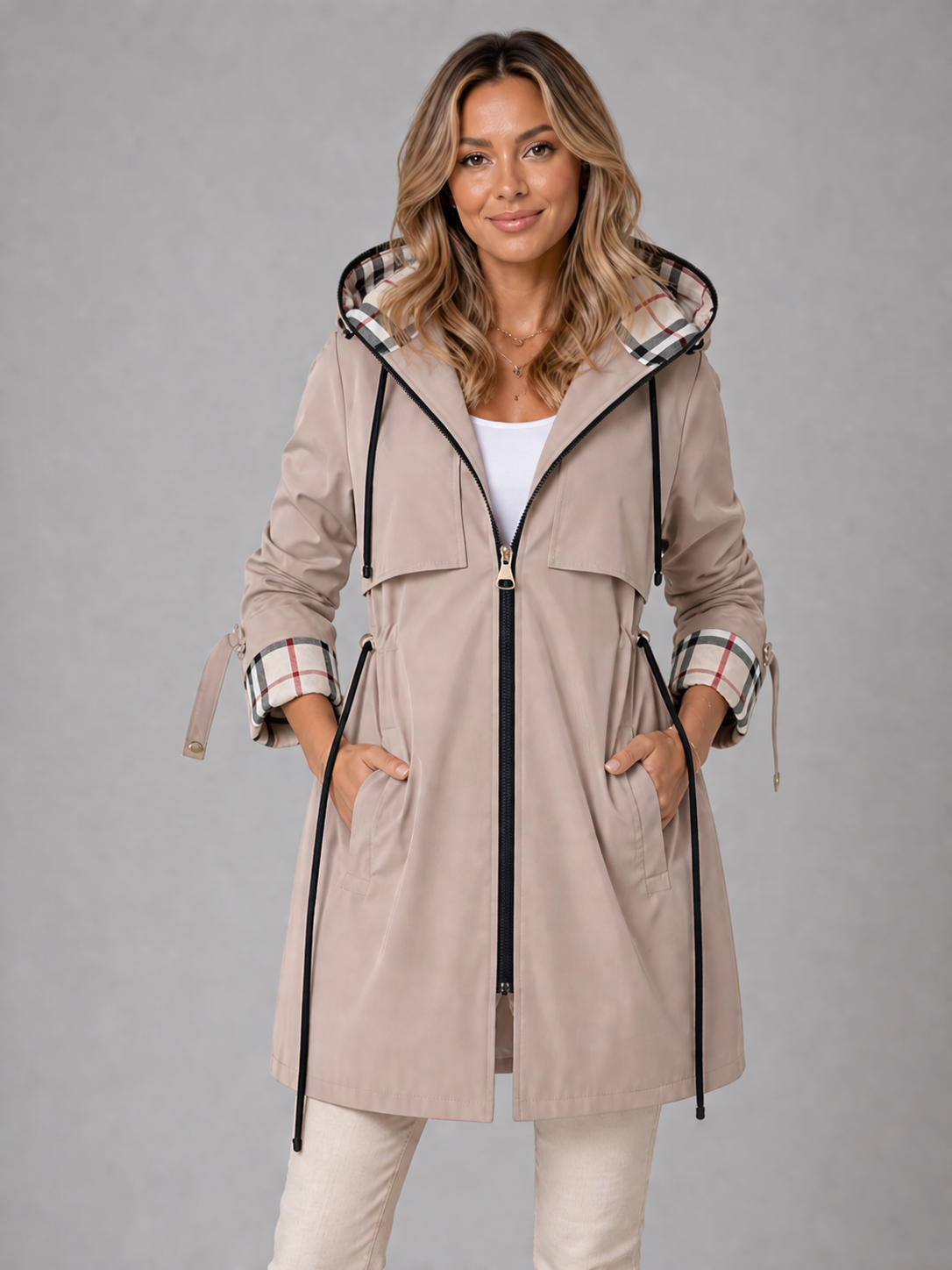 Pira | Women's Long Hooded Trench Coat - Zip Front Drawstring Waist