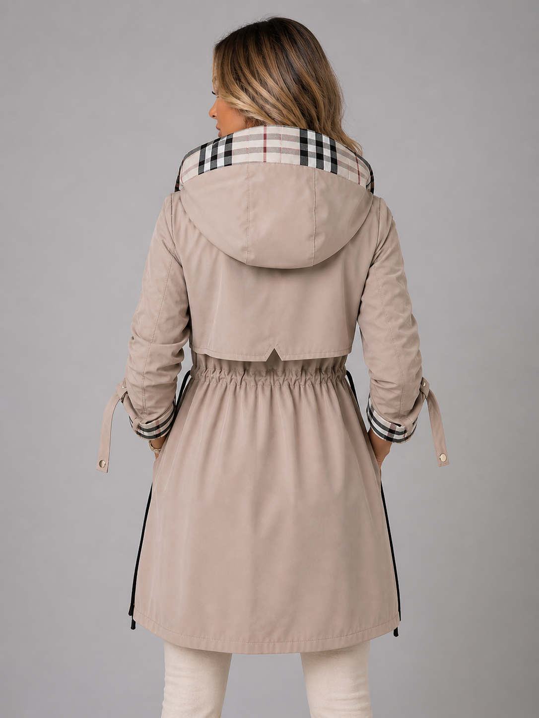 Pira | Women's Long Hooded Trench Coat - Zip Front Drawstring Waist