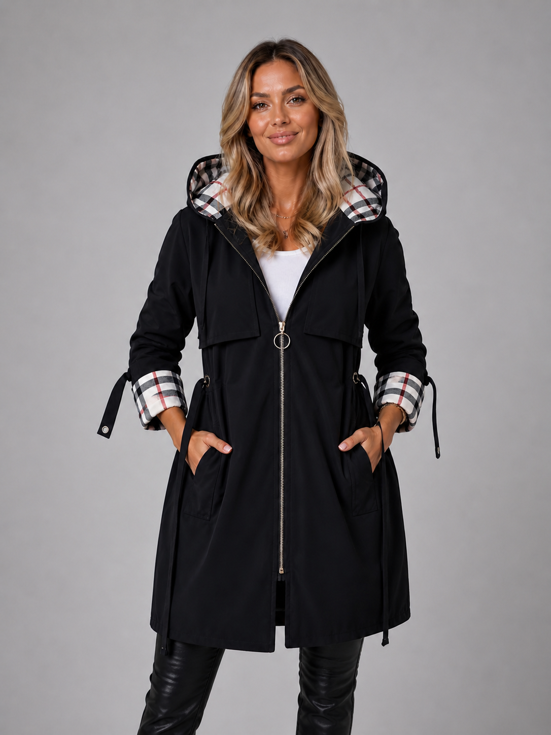 Pira | Women's Long Hooded Trench Coat - Zip Front Drawstring Waist