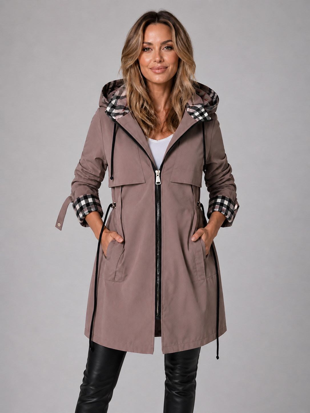 Pira | Women's Long Hooded Trench Coat - Zip Front Drawstring Waist