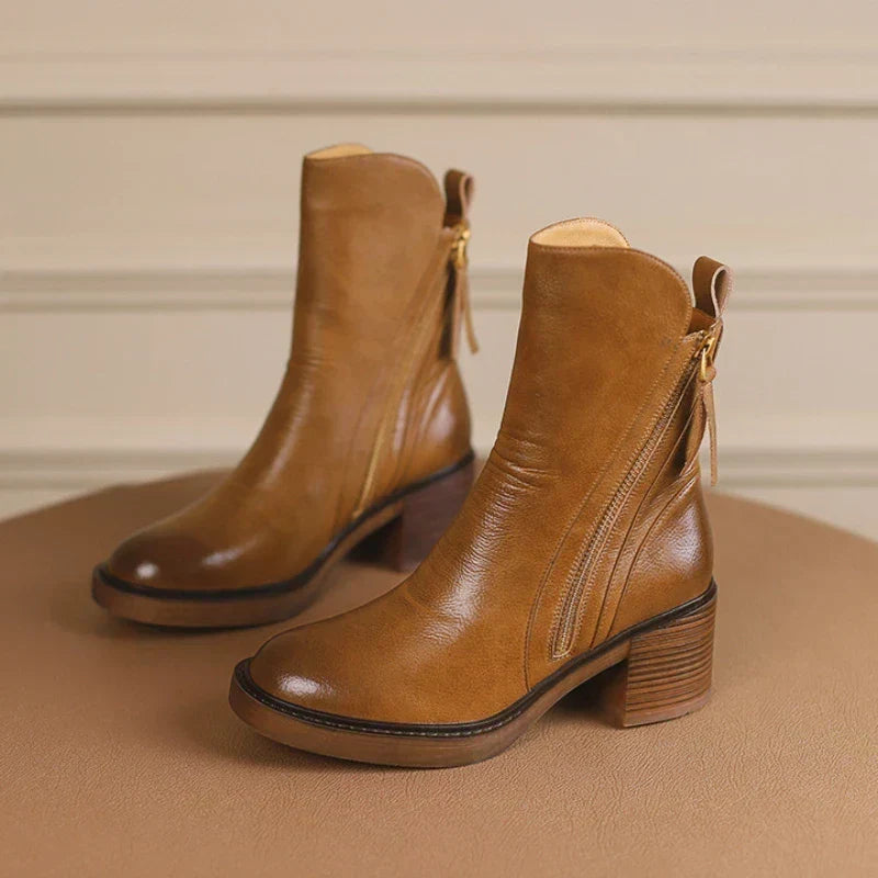 Priscilla | Effortless Leather Heeled Ankle Boots with Chunky Heel