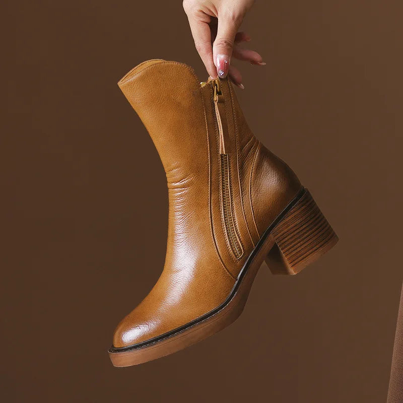 Priscilla | Effortless Leather Heeled Ankle Boots with Chunky Heel
