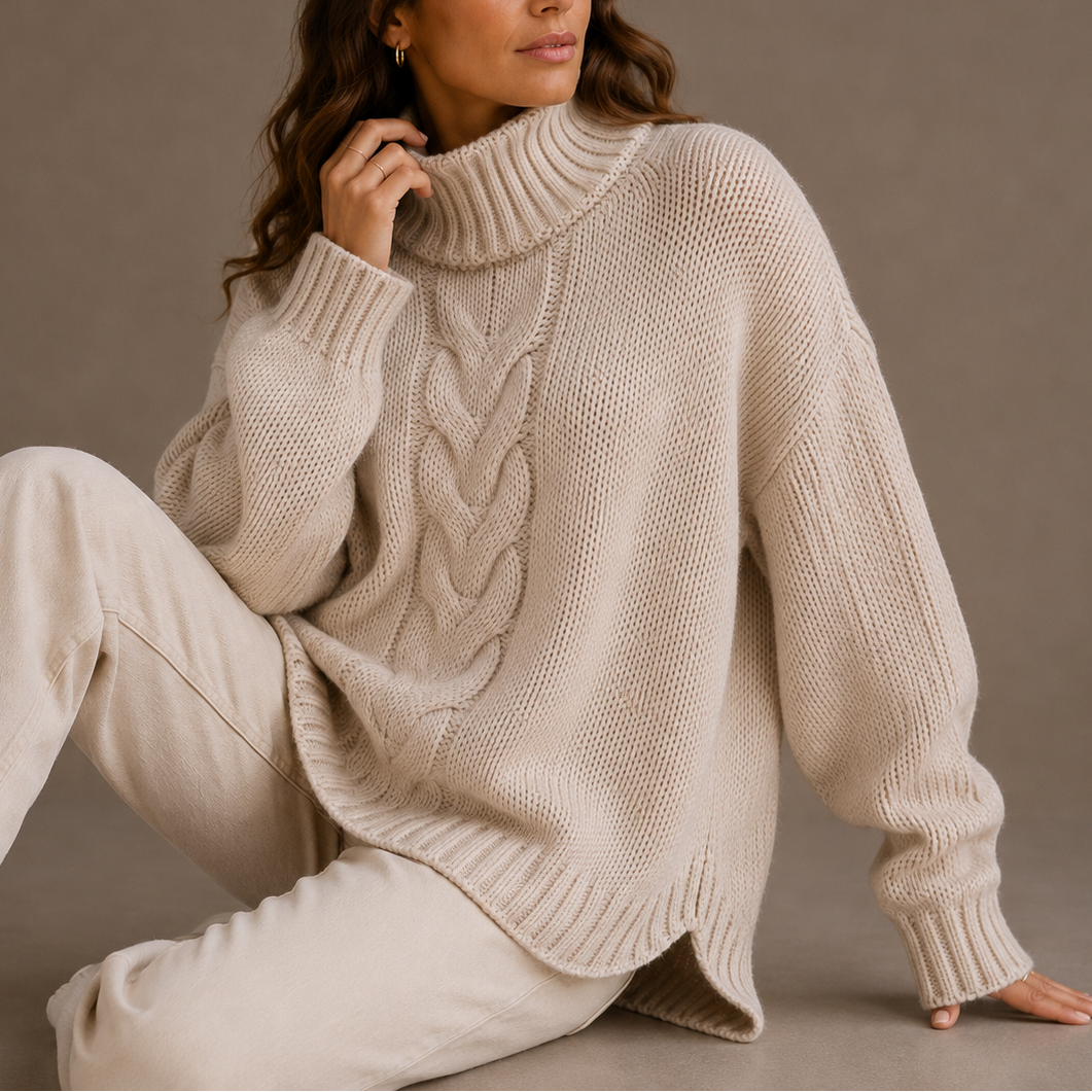 Robin | Cable Knit Oversized Turtleneck Sweater with Dropped Shoulders