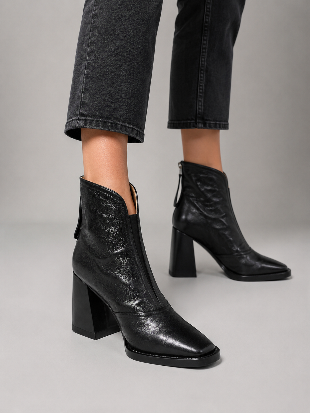 Romy | Women's Leather Heeled Ankle Boots - Square Toe Zip