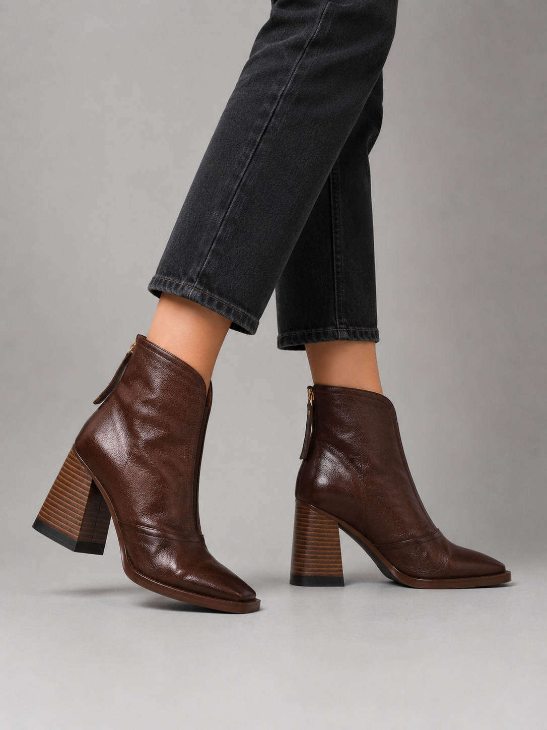 Romy | Women's Leather Heeled Ankle Boots - Square Toe Zip