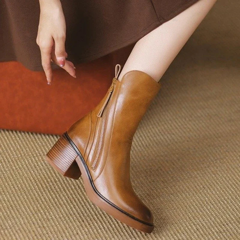 Selene | Women's Leather Ankle Boots - Heeled Zip