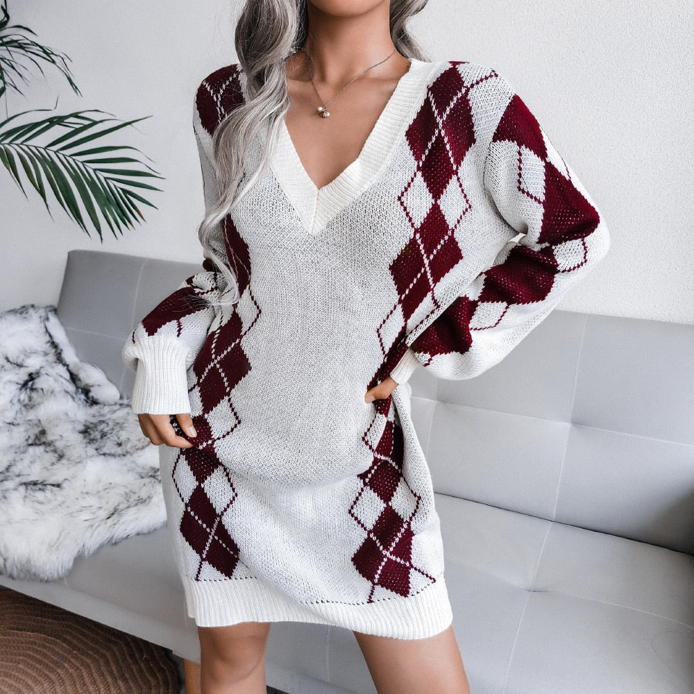 Yara | Women's Printed Knit Sweater Dress - V Neck Long Sleeve
