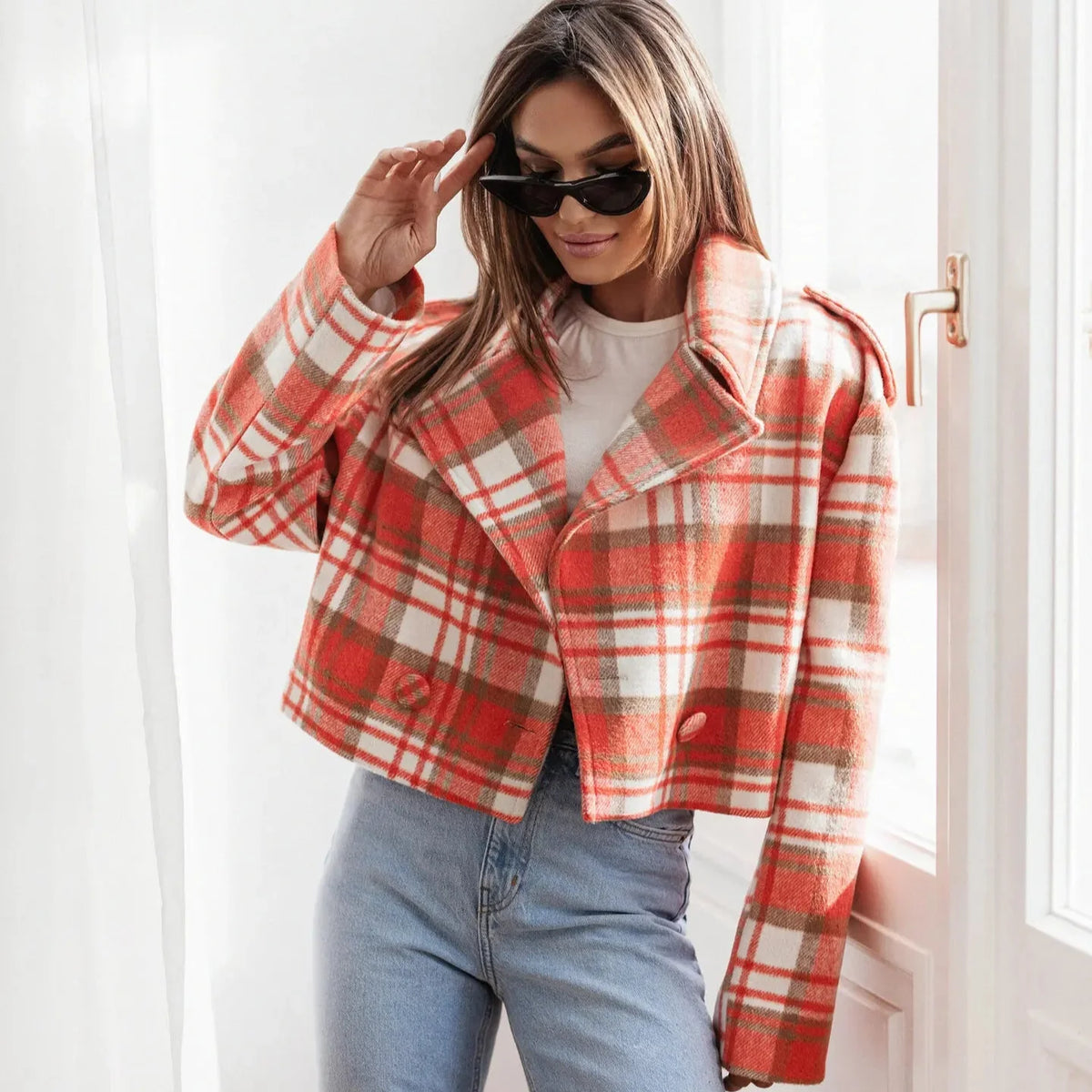 Sena | Women's Cropped Plaid Peacoat - Notch Lapel Tailored Short Coat