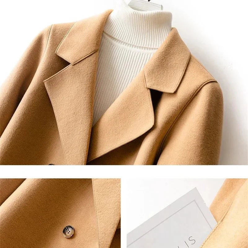 Rhea | Women's Cropped Wool Peacoat - Notch Lapel Lined Double Breasted Coat