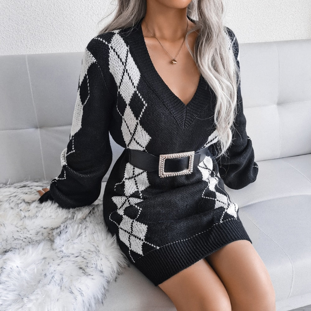 Yara | Women's Printed Knit Sweater Dress - V Neck Long Sleeve