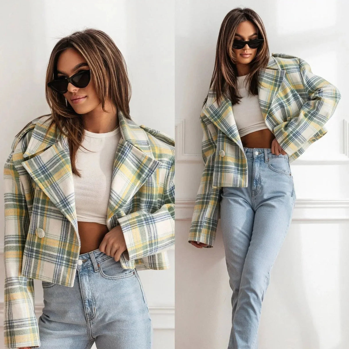 Sena | Women's Cropped Plaid Peacoat - Notch Lapel Tailored Short Coat