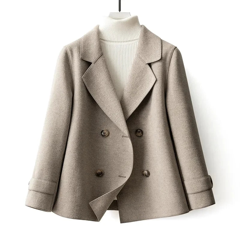 Rhea | Women's Cropped Wool Peacoat - Notch Lapel Lined Double Breasted Coat