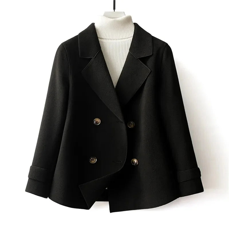 Rhea | Women's Cropped Wool Peacoat - Notch Lapel Lined Double Breasted Coat