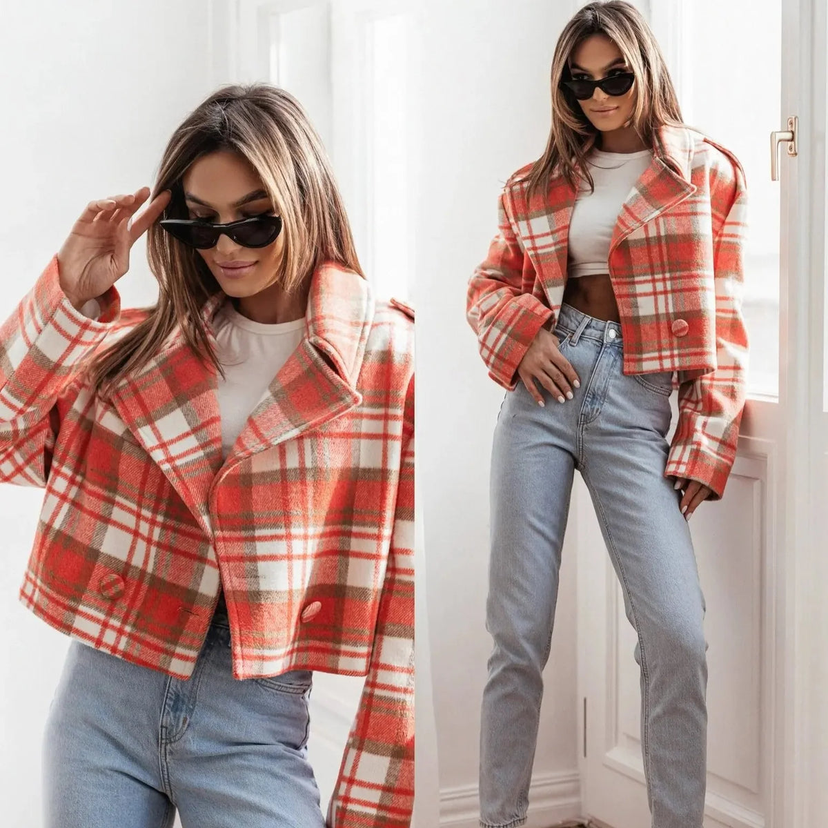 Sena | Women's Cropped Plaid Peacoat - Notch Lapel Tailored Short Coat