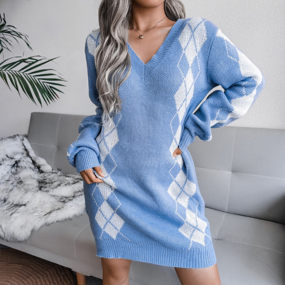 Yara | Women's Printed Knit Sweater Dress - V Neck Long Sleeve