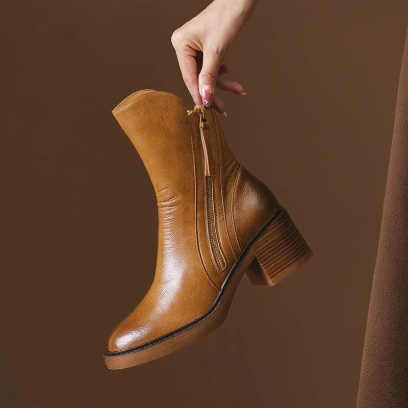 Selene | Women's Leather Ankle Boots - Heeled Zip