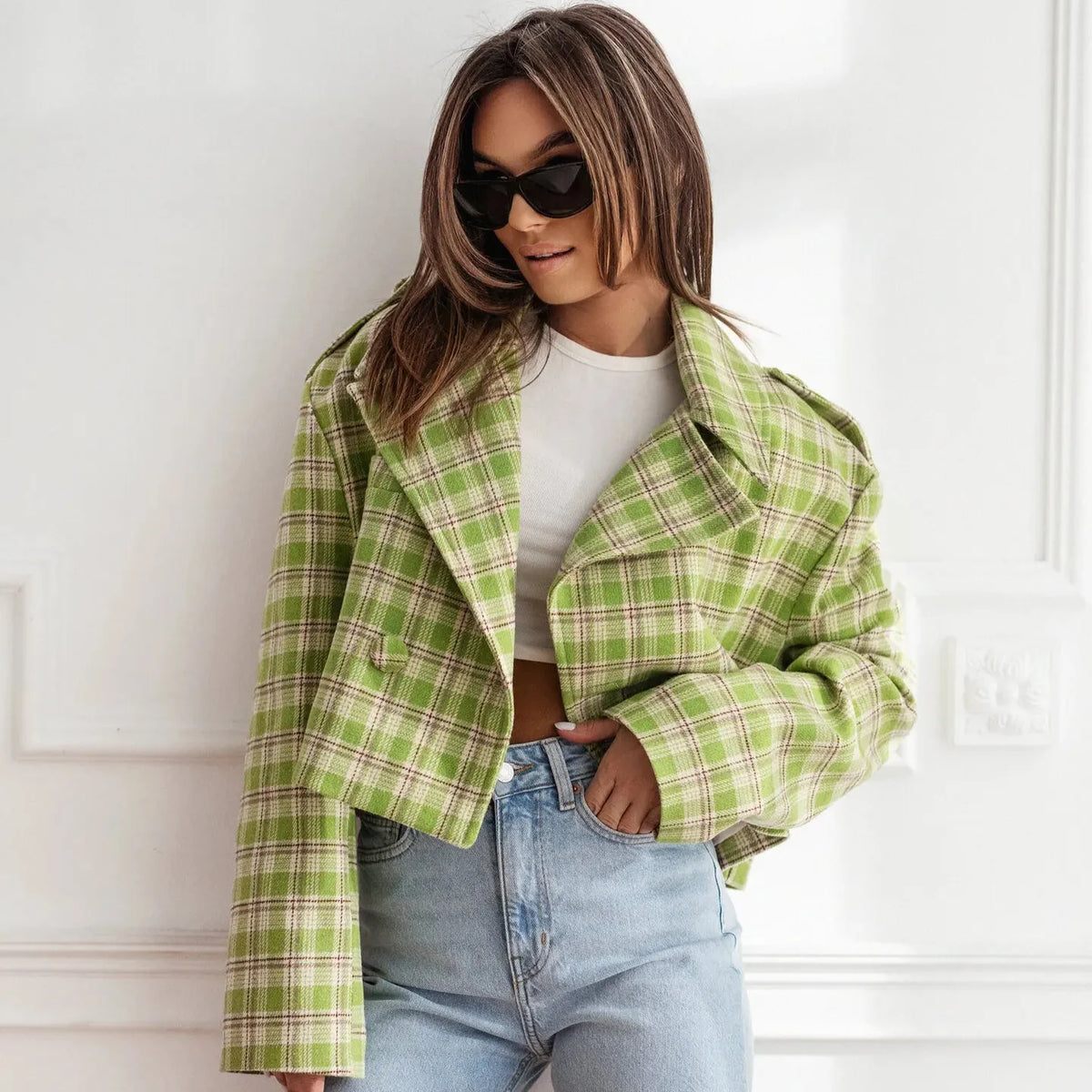Sena | Women's Cropped Plaid Peacoat - Notch Lapel Tailored Short Coat