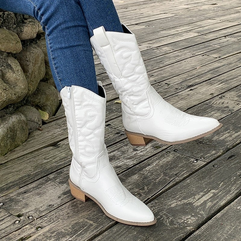 Tara | Women's Knee High Embroidered Cowboy Boots with Block Heel