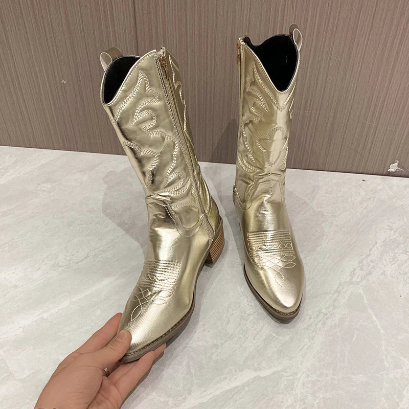 Tara | Women's Knee High Embroidered Cowboy Boots with Block Heel