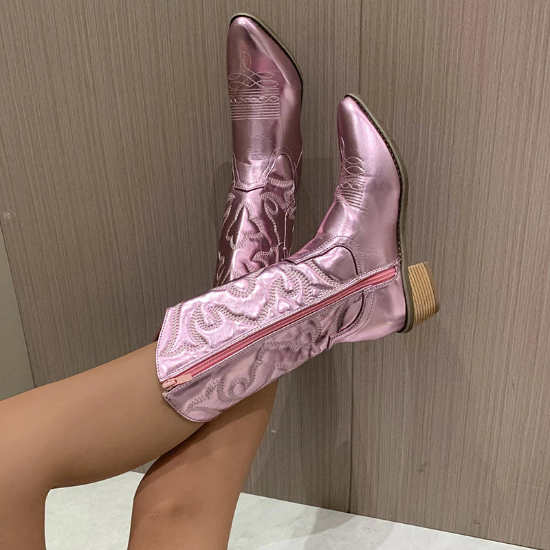 Tara | Women's Knee High Embroidered Cowboy Boots with Block Heel