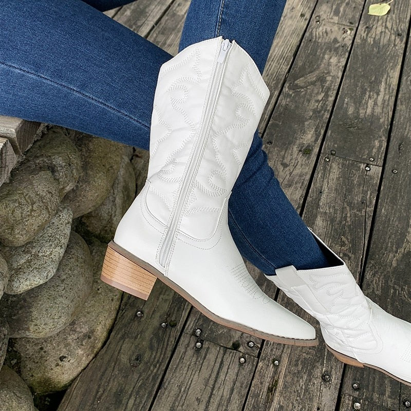 Tara | Women's Knee High Embroidered Cowboy Boots with Block Heel