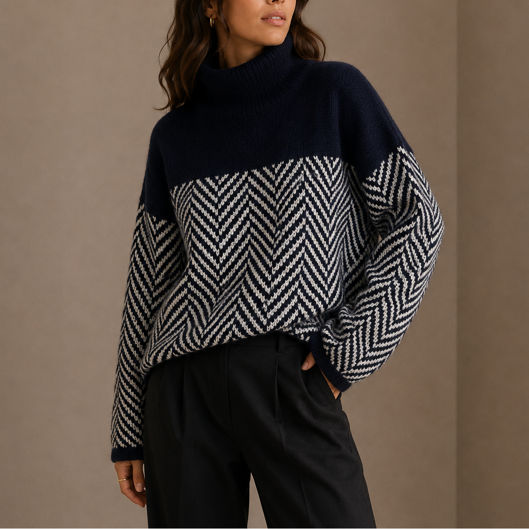 Vivienne | Oversized Herringbone Turtleneck Sweater with Two-Tone