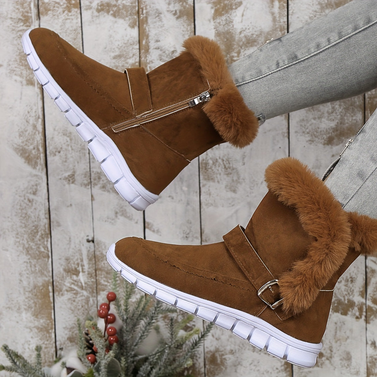 Nora | Women's Plush-Trimmed Winter Boots - Ankle Buckle Detail
