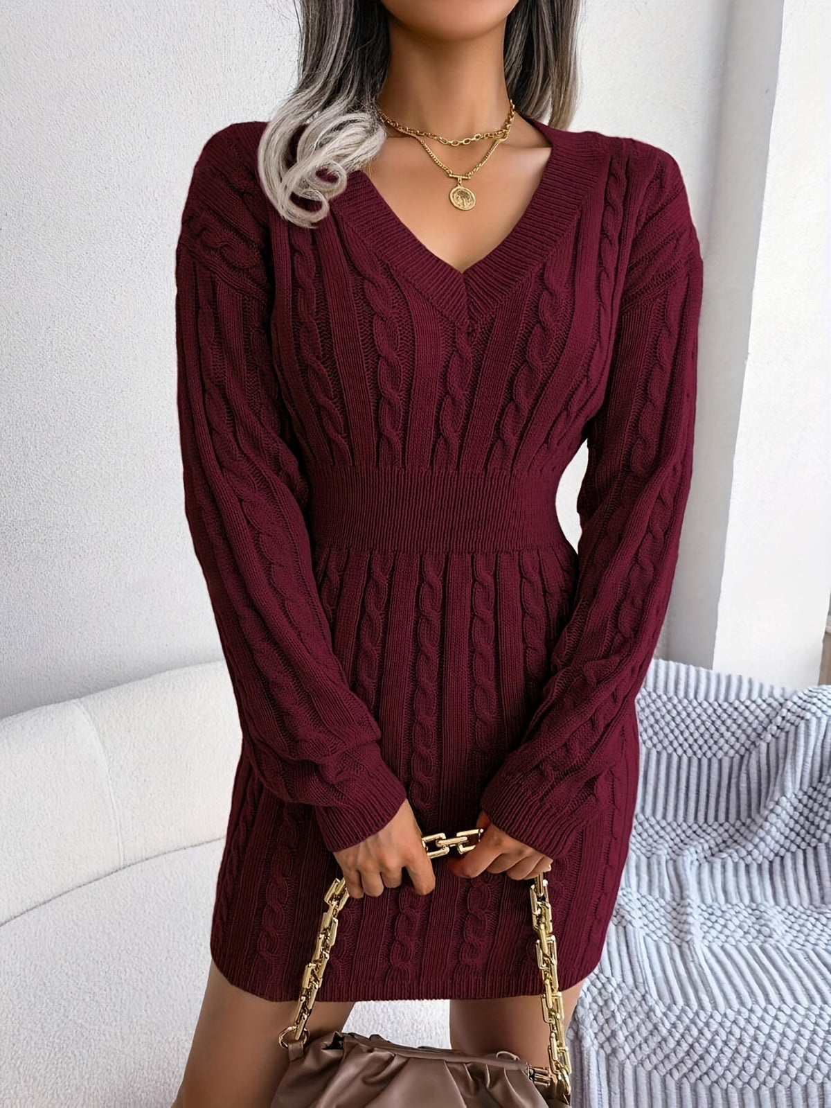 Hana | Women's Cable Knit Sweater Dress - V Neck Cinched Waist