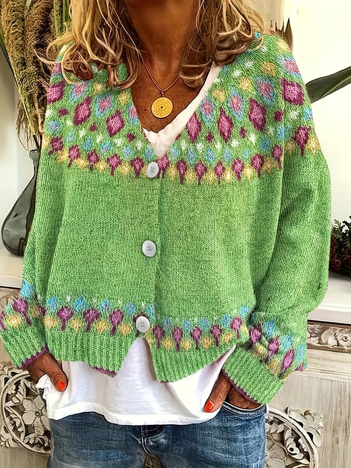 Esme | Women's Nordic Patterned Cardigan - Button Front V-Neck