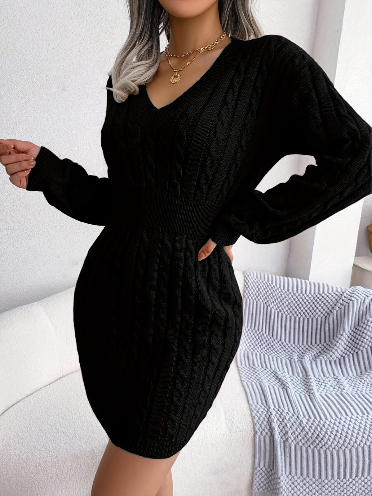 Hana | Women's Cable Knit Sweater Dress - V Neck Cinched Waist