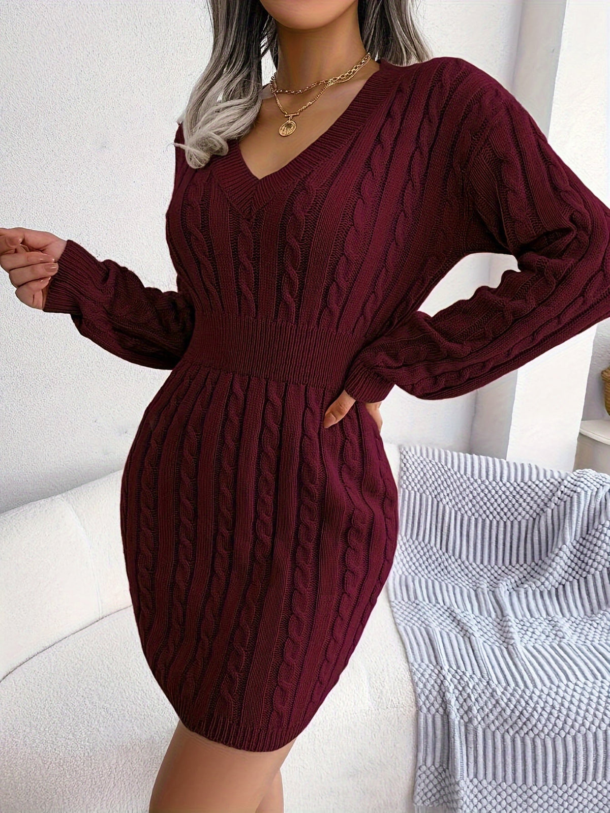 Hana | Women's Cable Knit Sweater Dress - V Neck Cinched Waist