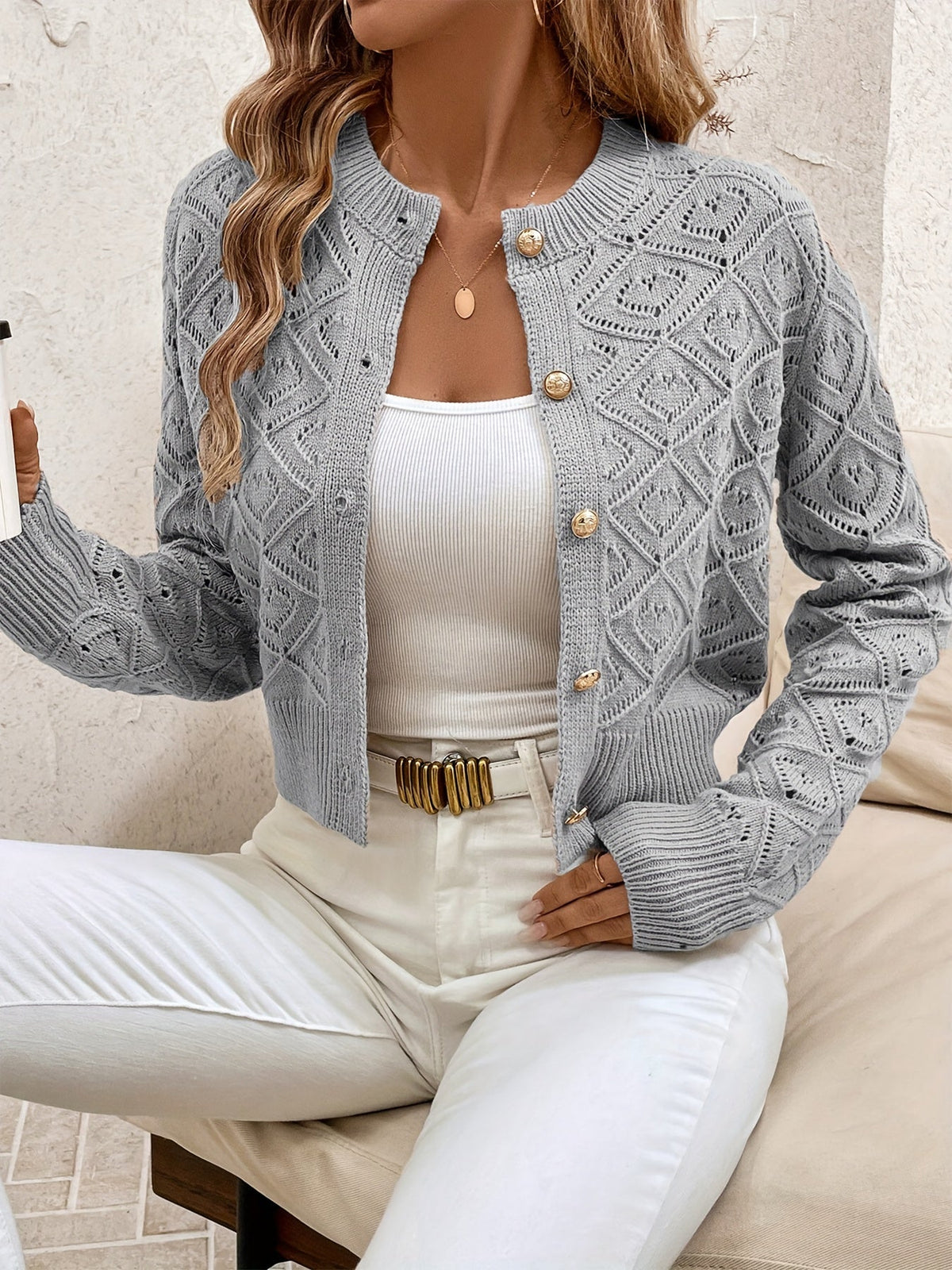 Della | Women's Cropped Cardigan - Diamond Textured Button Front