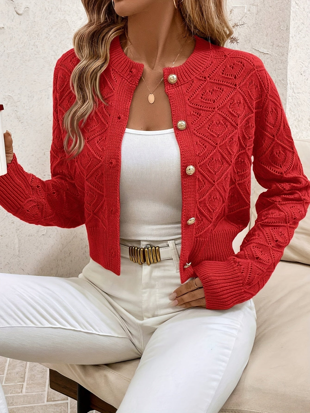Della | Women's Cropped Cardigan - Diamond Textured Button Front