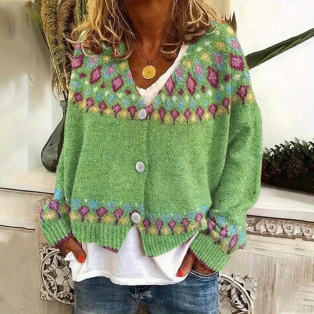 Esme | Women's Nordic Patterned Cardigan - Button Front V-Neck