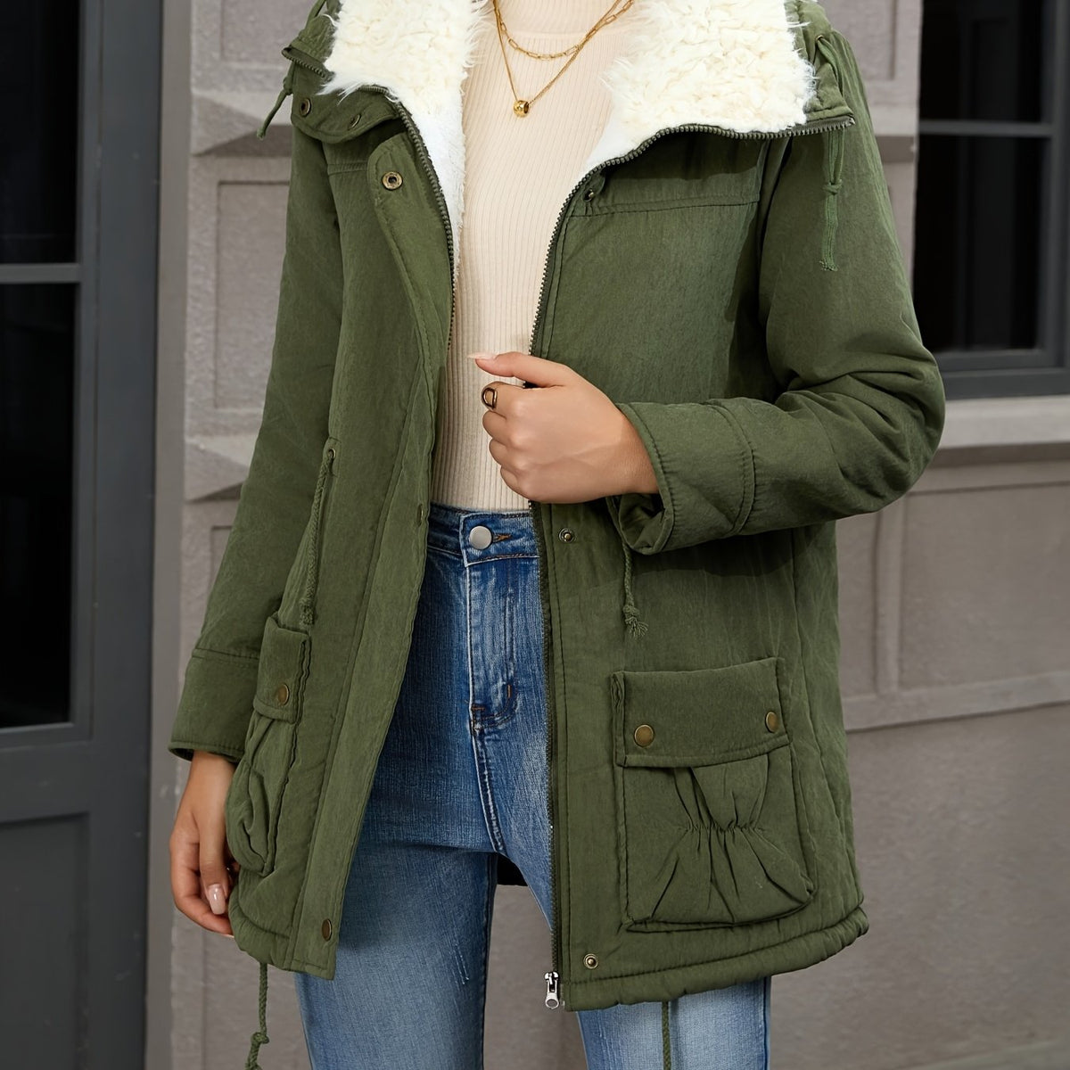 Carolyn | Women's Mid-Length Parka - Fold-Over Collar Drawstring Waist