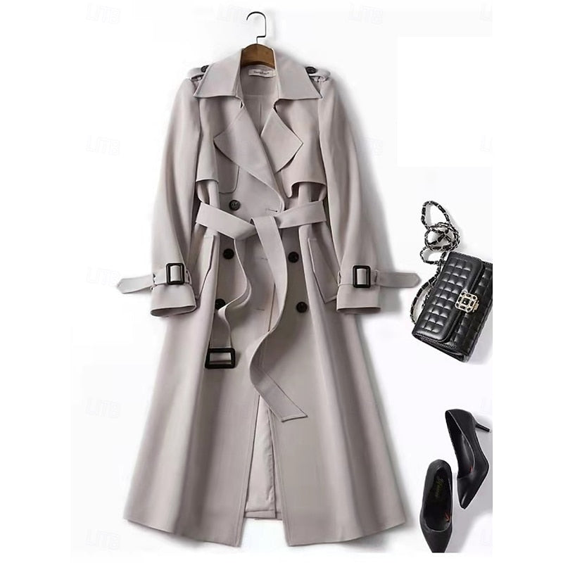 Clarissa | Women's Belted Long Trench Coat - Double-Breasted Collar