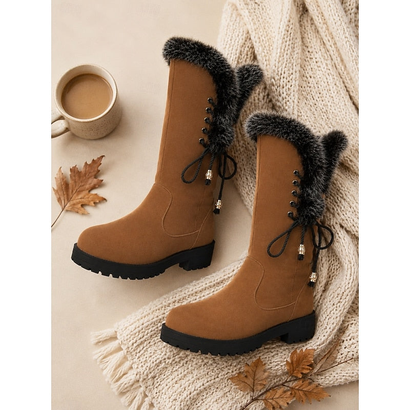 Adriana | Women's Fur-Trimmed Knee High Winter Boots - Lace-Up Block Heel