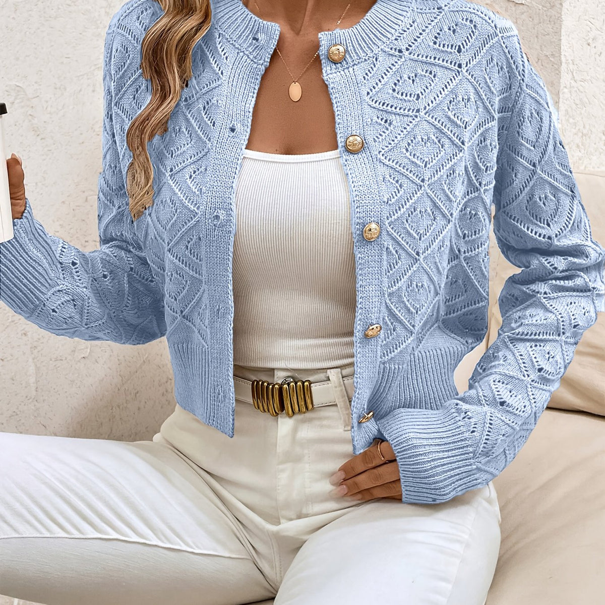 Della | Women's Cropped Cardigan - Diamond Textured Button Front
