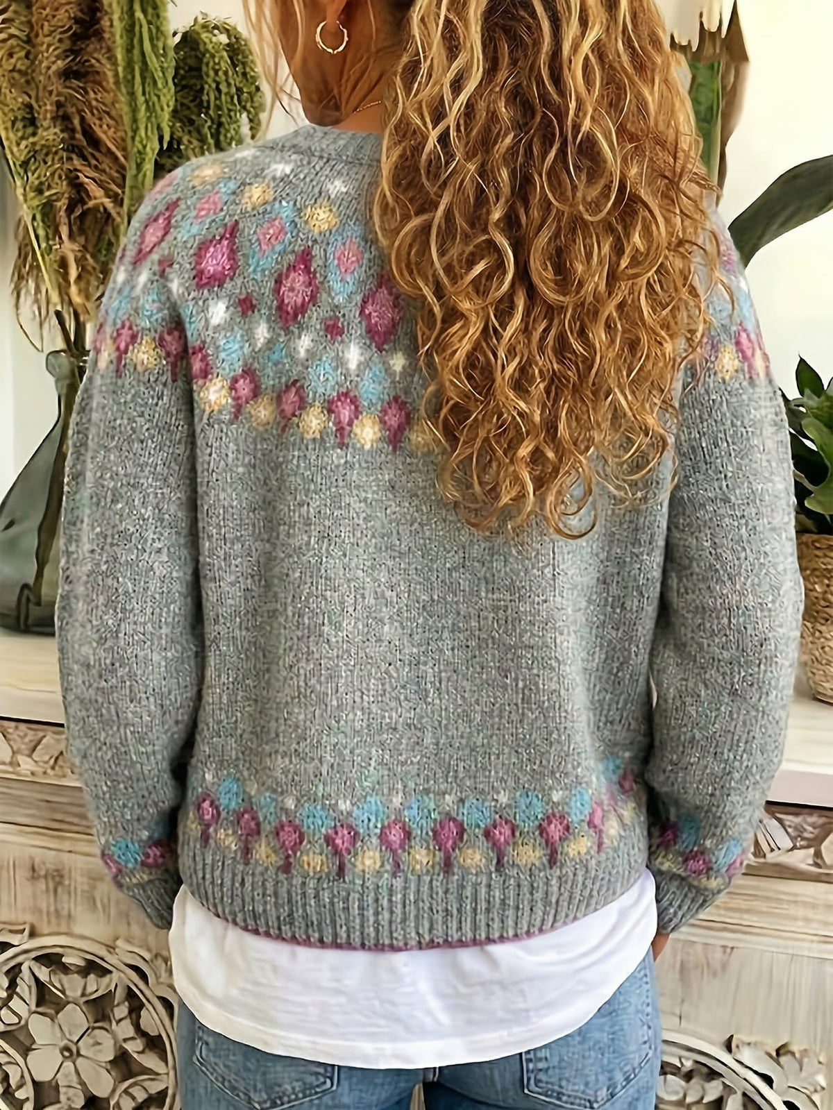 Esme | Women's Nordic Patterned Cardigan - Button Front V-Neck