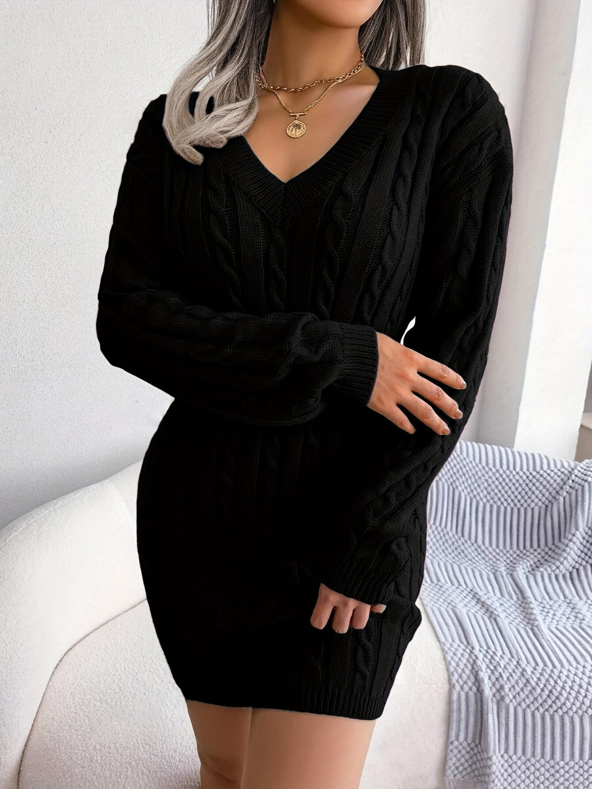 Hana | Women's Cable Knit Sweater Dress - V Neck Cinched Waist
