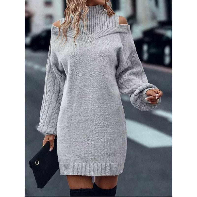 Bria | Women's Turtleneck Sweater Dress - Cold Shoulder Long Sleeve Knit
