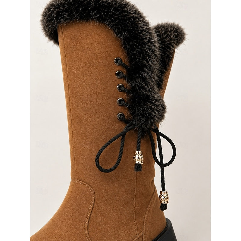 Adriana | Women's Fur-Trimmed Knee High Winter Boots - Lace-Up Block Heel