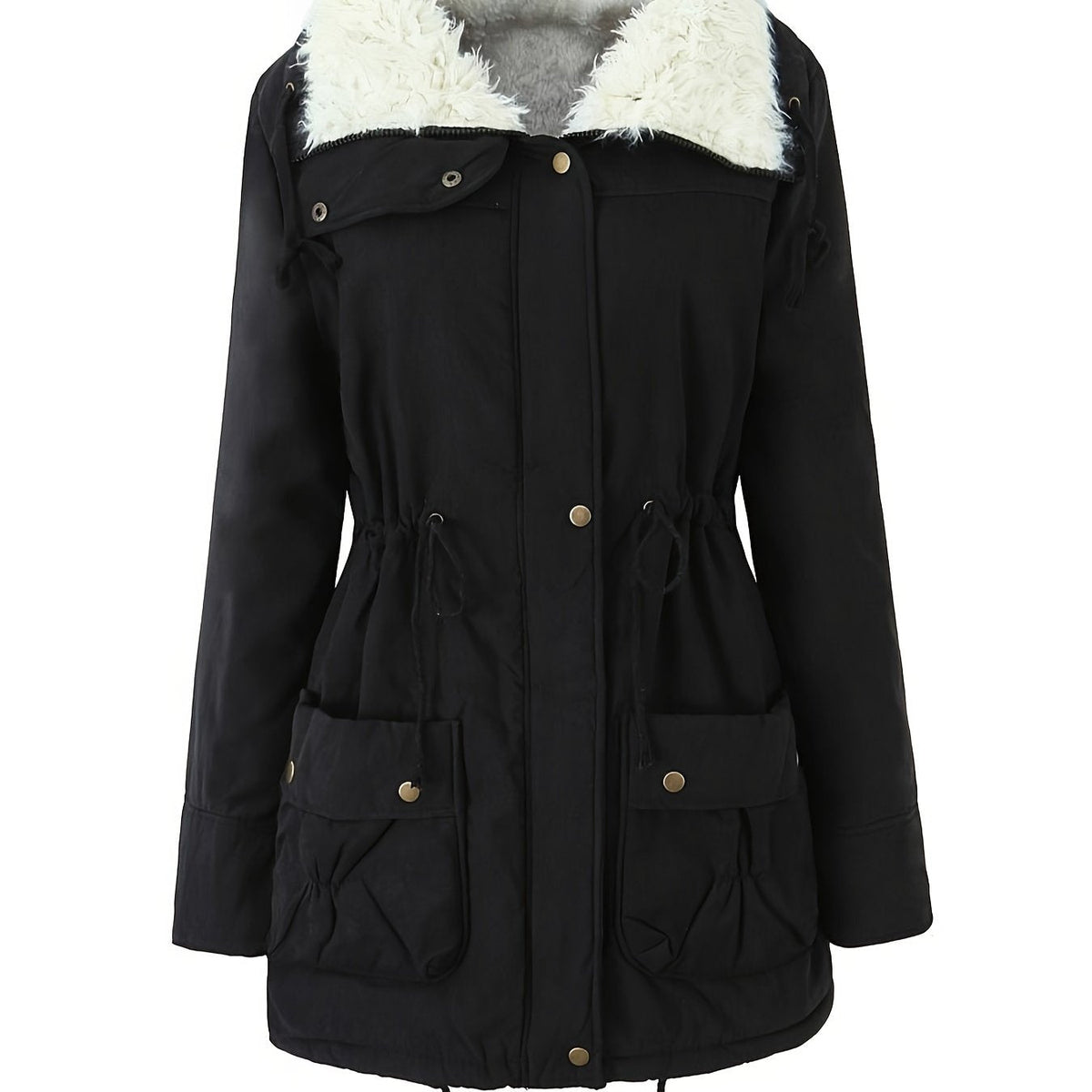 Carolyn | Women's Mid-Length Parka - Fold-Over Collar Drawstring Waist