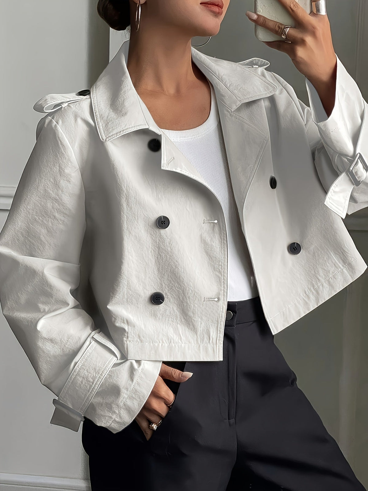 Vela | Women's Cropped Twill Peacoat - Notch Lapel Double Breasted Coat
