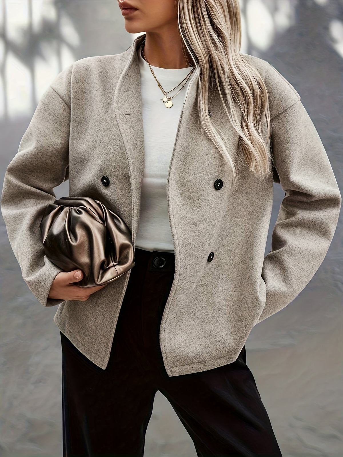 Nira | Women's Cropped Wool Peacoat - Stand Collar Double Breasted Coat