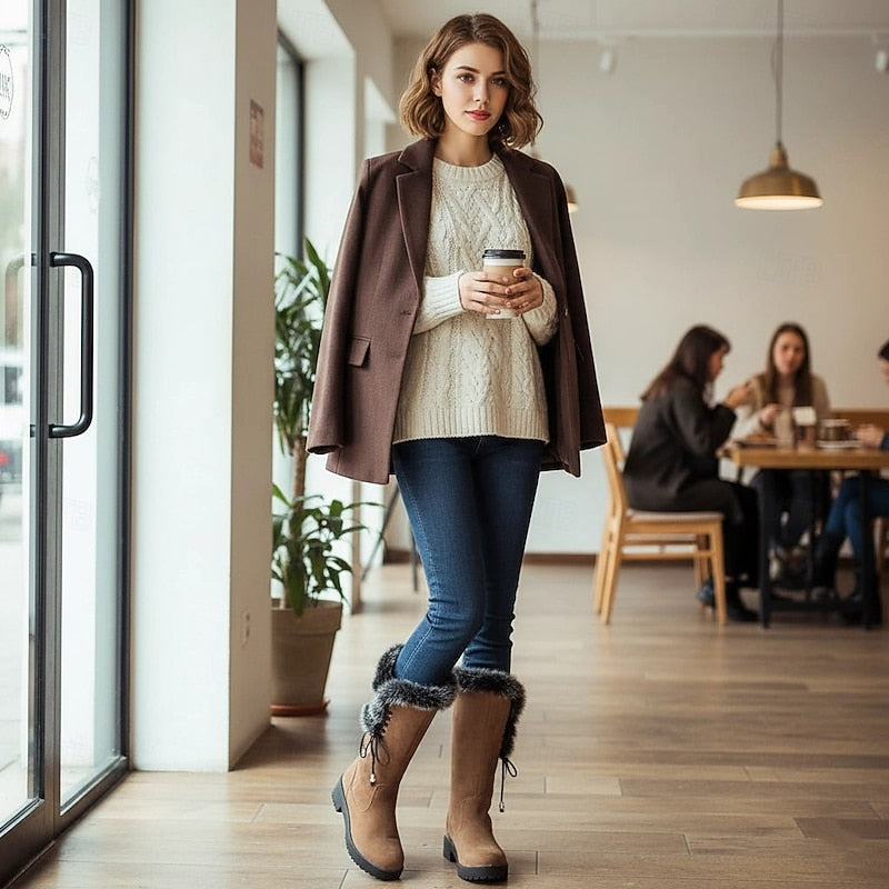 Adriana | Women's Fur-Trimmed Knee High Winter Boots - Lace-Up Block Heel