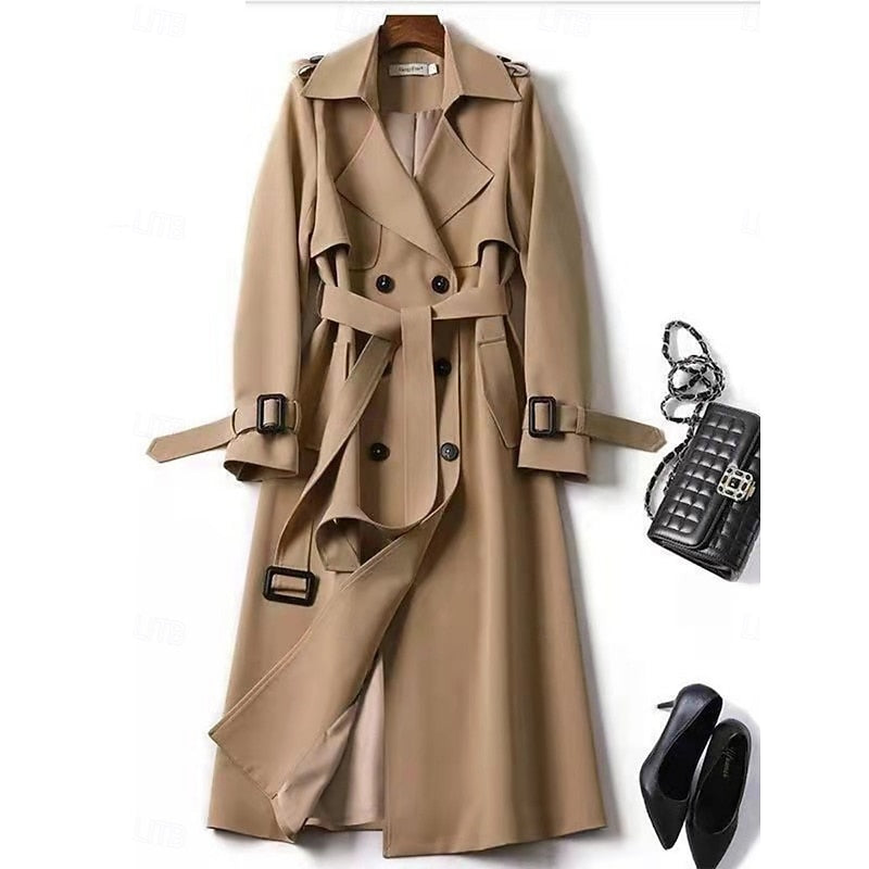 Clarissa | Women's Belted Long Trench Coat - Double-Breasted Collar